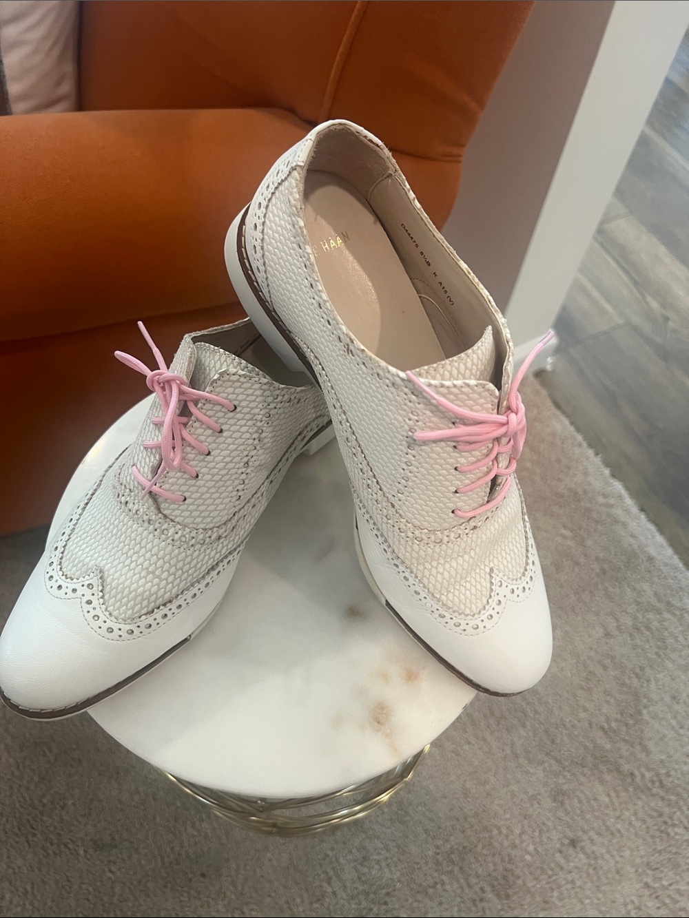 Cole Haan White Wingtip Oxfords with Pink Laces